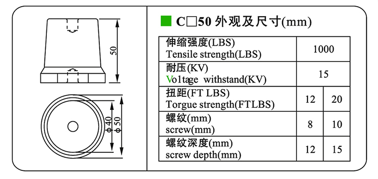 Изоляторы для шин серии C50 Медный винт Эпоксидный изолятор для шин низкого напряжения Стекловолокно M6 Латунь / сталь 6800 нм OEM, ODM
