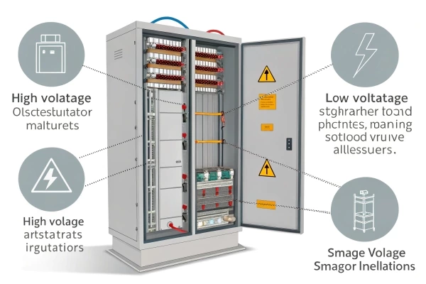 Open electrical cabinet showing high and low voltage components with labeled parts.