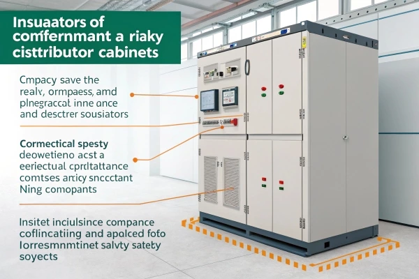 Industrial electrical distribution cabinet with labeled components and safety instructions.